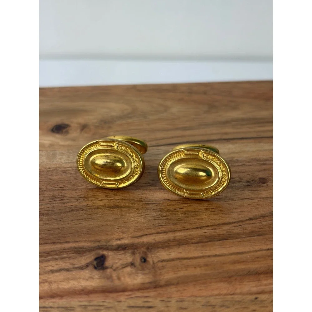 Vintage Curved Cufflinks Gold Oval Etched Victorian Revival Formal Wedding Metal